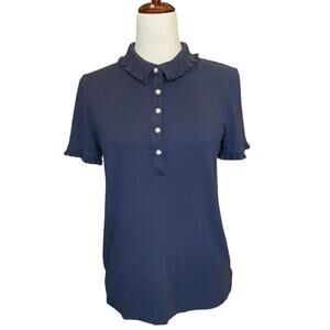 Tory Burch Pearl Button Polo Womens M Lettuce Hem Collar and Sleeves Navy Preppy